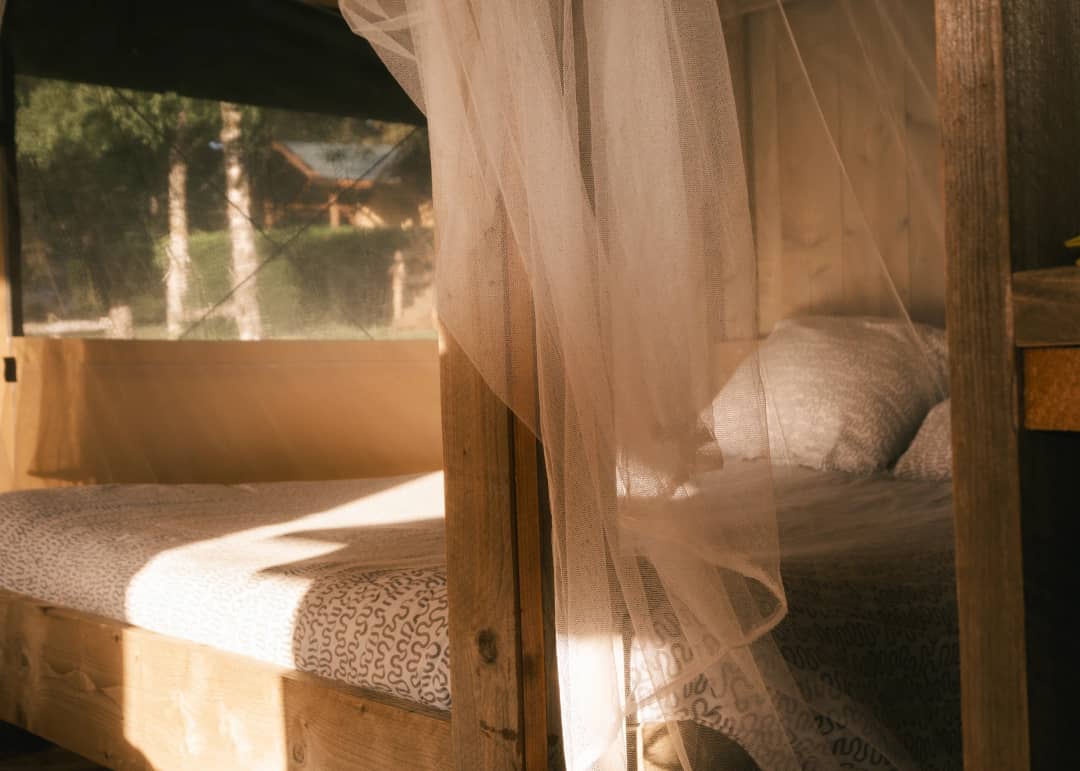 A bed behind the mosquito net in the morning light